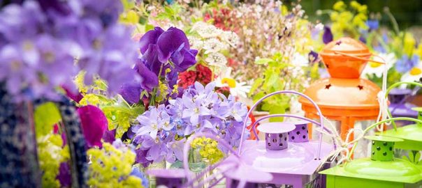 Colourful country wedding table displays